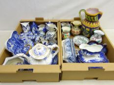 Rockingham style blue and white teapot, pair Warwick Ware Willow pattern mounted dishes,