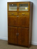 1950s oak kitchen cabinet, two glazed doors, two drawers above fall front and two cupboard doors,