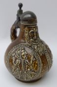 Early 20th century Merkelbach Grenzhausen salt glazed jug with pewter lid,