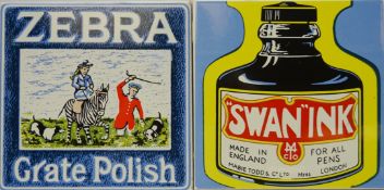 Two Pilkington advertising tiles for "Swan" Ink and Zebra Crate Polish, 15.3cm x 15.