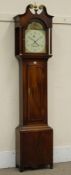 19th century inlaid mahogany longcase clock, broken arch pediment, single brass finial,