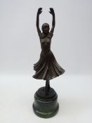 Art Deco style bronze figure of a dancer after Preiss, green marble plinth,