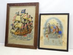 19th century wool work picture of a three-masted ship in oak glazed frame,