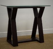 Italian glass top console table, shaped supports, floor stretcher, W90cm, H75cm,