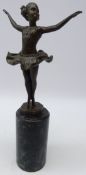 Art Deco style bronze figure of a child ballet dancer after Priess on cylindrical marble plinth,