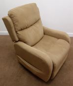 Powerlift electric recliner armchair, upholstered in a beige fabric,