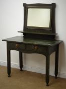 Liberty style Arts & Crafts green stained ash dressing table, rectangular swing mirror, two drawers,