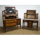 Edwardian walnut washstand, raised shaped bevel edge mirror back, marble top,