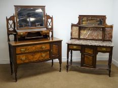 Edwardian walnut washstand, raised shaped bevel edge mirror back, marble top,