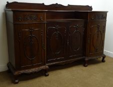 Large early 20th century mahogany sideboard, raised shaped back,