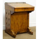 Small Victorian inlaid walnut Davenport desk, raised brass gallery back, hinged pen compartment,