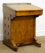 Small Victorian inlaid walnut Davenport desk, raised brass gallery back, hinged pen compartment,