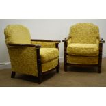 Pair 20th century walnut framed armchairs, upholstered in a gold floral pattern fabric,