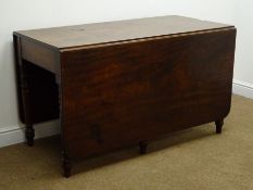 19th century mahogany drop leaf dining table, on turned supports, W125cm, H74cm,