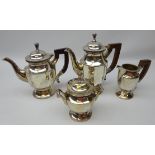 Art Deco heavy silver-plated four piece tea set, octagonal form with rosewood handles,