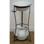 French style wrought metal wash stand with enamel basin, jug, bowl and soap dish, D42cm,