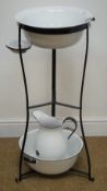 French style wrought metal wash stand with enamel basin, jug, bowl and soap dish, D42cm,
