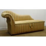 Victorian upholstered ottoman, shaped back with scrolled arm rest and hinged seat,