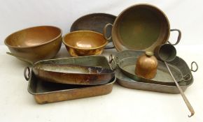 Collection 19th century and later tinned copper roasting trays, L43cm max, skillet, preserving pans,