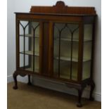 Early 20th Century mahogany display cabinet, raised shaped back,