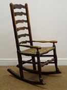19th century elm ladder back rocking chair, rush seat,