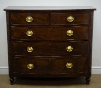 Early Victorian bow front mahogany chest, two short and three long drawers,