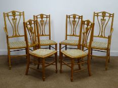 Set six (4+2) Edwardian inlaid satinwood chairs, shaped cresting rail and splat, upholstered seat,