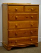 Solid pine chest, raised back, two short and four drawers, shaped plinth base on castors, W91cm,