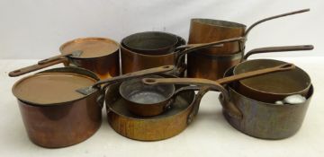 Collection of 19th century and later tinned copper cooking & sauce pans, some lidded,