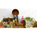 Three piece antler handled carving set, turned pocket watch stand, cutlery, turned wooden bowls,