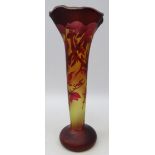 Galle style cameo glass trumpet shaped vase with waved rim,