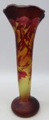Galle style cameo glass trumpet shaped vase with waved rim,