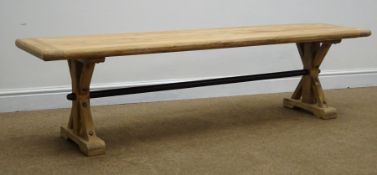 Rustic timber planked effect dining bench, joined by metal stretcher, W170cm, H45cm,