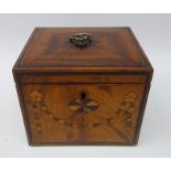 George III figured mahogany boxwood strung tea caddy, inlaid with batwing paterae,