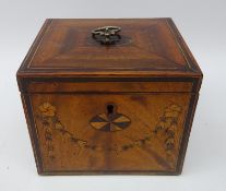 George III figured mahogany boxwood strung tea caddy, inlaid with batwing paterae,