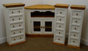 White and pine finish corner tv stand, two glazed doors enclosing single shelf, plinth base (W107cm,