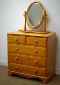 Pine chest, raised back, two short and three long drawers, shaped plinth base on castors (W91cm,
