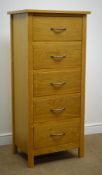 Solid light oak narrow chest, five drawers, stile supports, W61cm, H135cm,