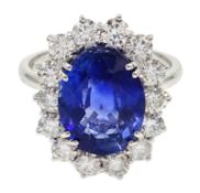 18ct white gold oval sapphire and diamond cluster ring, sapphire approx 5.