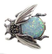 Silver opal and marcasite bug brooch,