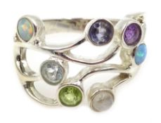 Silver opal, amethyst, moonstone, topaz, peridot and aquamarine set ring,