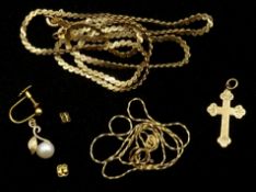 9ct gold flattened link necklace, 14ct gold chain, 9ct gold cross and pearl earrings,