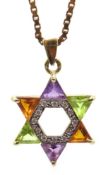 Star of David 9ct gold (tested) pendant set with diamonds and gemstones, on box link chain necklace,