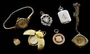 9ct gold ingot pendant, 9ct gold wristwatch, Birmingham 1933 on plated expanding bracelet,
