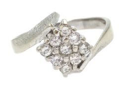 18ct white gold diamond, square cluster crossover ring,