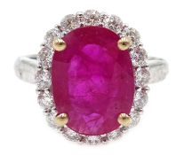 18ct white gold ruby and diamond cluster ring, stamped 750, ruby approx 3.8 carat, diamonds 0.