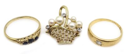 18ct gold single stone diamond ring, gypsy set, 9ct gold three stone sapphire ring,