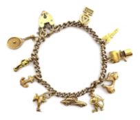 Gold plated curb chain bracelet with ten 9ct gold charms,