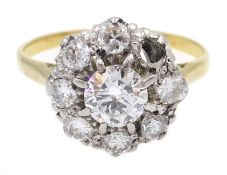 18ct gold (tested) diamond cluster ring, centre stone approx 0.