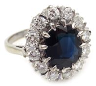 White gold oval sapphire diamond and cluster ring,